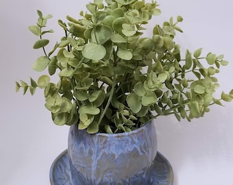 Birds in Tree Embossed Stoneware Planter with Drainage Holes in Shades of Blue