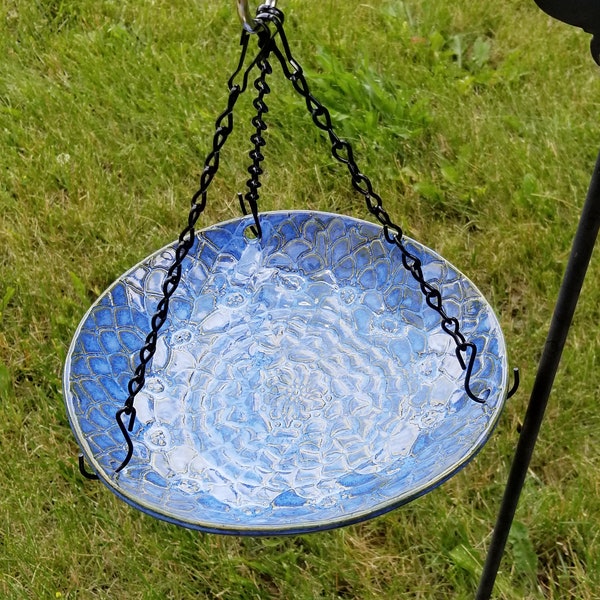 Hand-Built Rustic Doily Stoneware Bird Bath in Blues