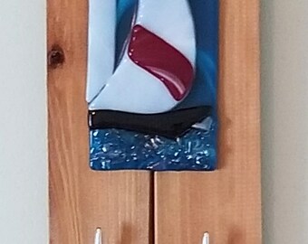 Nautical Sail Boat Fused Glass on Wood Key Hook