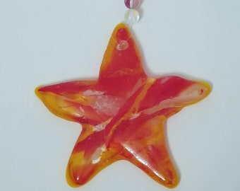 Fused Glass Red, Orange, Yellow and White Starfish Suncatcher