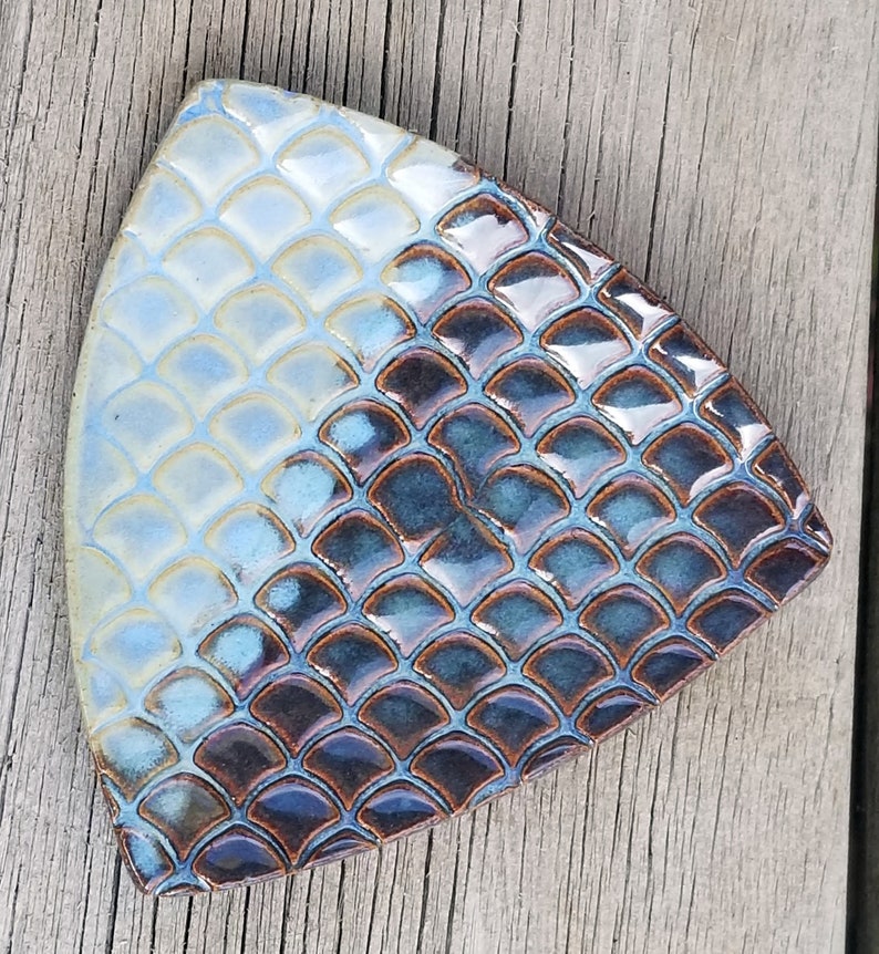 Triangle Stoneware Pottery Ring Holder, Spoon Rest, Candle Holder, or Trinket Dish Blue Mermaid 2