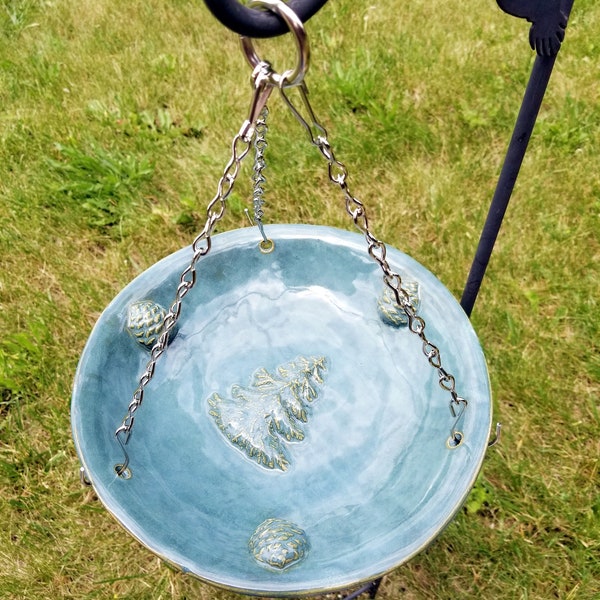 Hand-Built Rustic Evergreen Tree and Pine Cone Stoneware Bird Bath in Sage and Blues