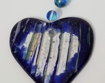Fused Glass Blue and Green Heart Suncatcher