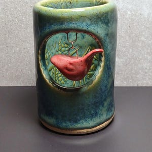 Ceramic handmade Cardinal Candle Holder in Blues and Greens