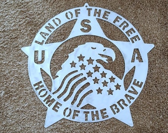 Plaque en métal découpé au plasma Home of the Free Eagle and American Flag
