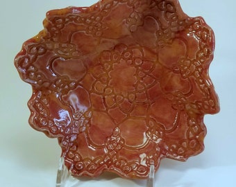 Doily Inspired Shabby Watermelon Color Doily Serving Dish or Candle Holder