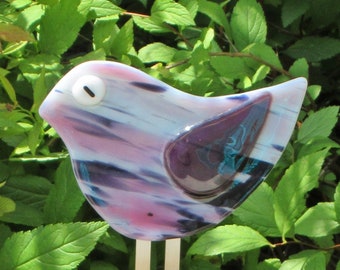 Fused Glass Pink, Purple and White Bird Garden or Planter Stake