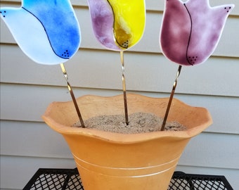 Fused Glass Tulip Garden or Planter Stake in a Variety of Colors