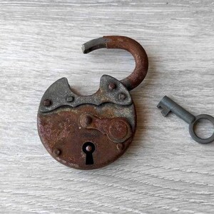 Vintage Riveted Padlock with Key: Heavy Metal Working Lock, Home Decor