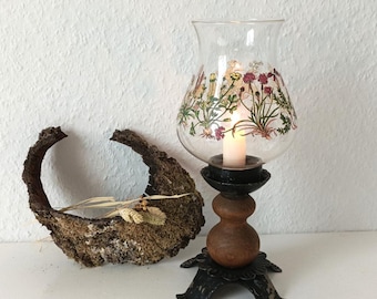Vintage Candelabra with Colored Glass Shade,  Metal & Wood Candle Holder, Patio candle holder, Candelabra one candle with shade, Home decor