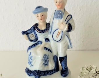 Vintage Porcelain Figurine: Romantic Couple with Mandolin, Blue & White Decor
