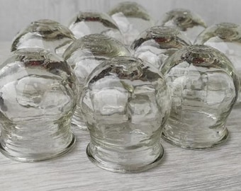 Vintage glas eldkoppning set med 10: genomskinliga medicinska terapiburkar, samlarglas från apoteket