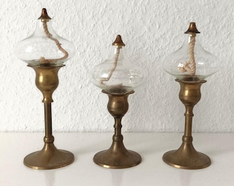 Vintage kerosene lamp with glass shade, Set of 3 oil lantern, Brass table kerosene lamp, Clear glass oil lamp, Home decor, Housewarming gift