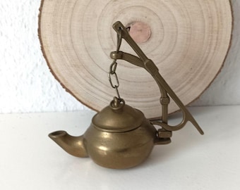 Vintage Brass Oil Lamp, Hanging Miniature Kettle Lamp, Primitive Miners Light, Rustic Brass Decor, Antique Decorative Lighting