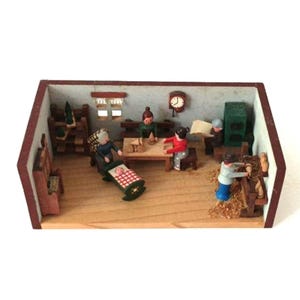 Vintage Wooden Miniature Scene, Handcrafted Folk Art Toy Workshop with Family, Baby & Woodworker, Dollhouse Diorama Decor
