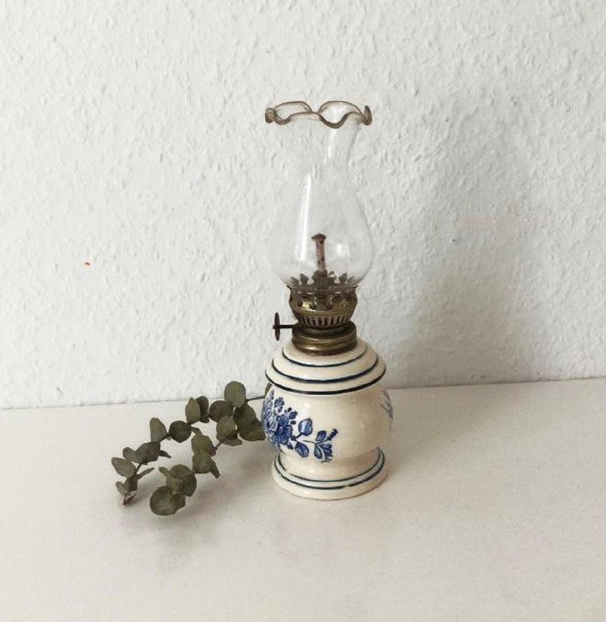 Vintage ceramic kerosene lamp with glass shade, Table kerosene lamplight, Blue white ceramic oil lamp, Home decor, Housewarming gift