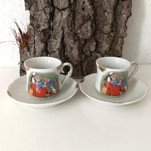 Vintage German Porcelain Coffee Cup Set: Mother, Children, Rabbit Design