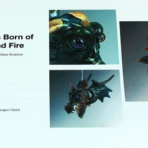 Op de afbeelding: Een boekomslag met een close-up van een glazen drakenbeeld met een blauw oog. De titel van het boek is "Dragons Born of Glass and Fire: A Lesson in Borosilicate Glass Sculpture". De tekst "Text and Photos by: Roger Child" staat onderaan de omslag.