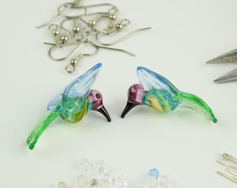Bird Beads Hummingbird Lampwork Beads Glass Beads Light Green and Ocean Blue Hummingbirds Bird Beads Lampwork Handmade Glass Beads