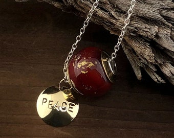 Lampwork Glass Necklace Handmade Red Bead 24kt Gold Accents Jewelry Beads Encased Gold Sterling Sliver Brass Accents Peace Charm Pendant