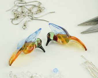 Bird Beads Hummingbird Lampwork Beads Glass Beads Medium Topaz and Ocean Blue Hummingbirds Bird Beads Lampwork Handmade Glass Beads