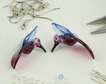 Bird Beads Hummingbird Lampwork Beads Glass Beads Ruby Pink and Ocean Blue Hummingbirds Bird Beads Lampwork Handmade Glass Beads