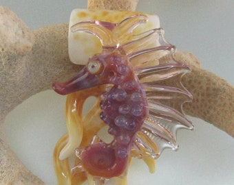 Glass Seahorse Pendant Lampwork Glass Boro Seahorse Coral Branch Pendant Focal Bead Nautical Sealife