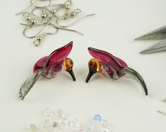 Bird Beads Hummingbird Lampwork Beads Glass Beads Charcoal Gray and Ruby Pink Hummingbirds Bird Beads Lampwork Handmade Glass Beads