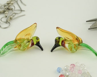 Bird Beads Hummingbird Lampwork Beads Glass Beads Pale Green and Medium Topaz Hummingbirds Bird Beads Lampwork Handmade Glass Beads