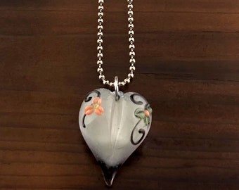 Heart Pendant Floral Necklace Pendant Focal Glass Bead, Valentines Heart