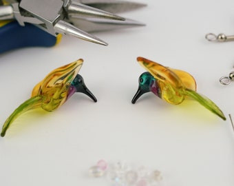 Bird Beads Hummingbird Lampwork Beads Glass Beads Light Grass Green and Medium Topaz Hummingbirds Bird Beads Lampwork Handmade Glass Beads