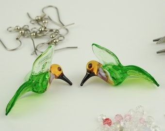 Bird Beads Hummingbird Lampwork Beads Glass Beads Grass Green and Pale Green Hummingbirds Bird Beads Lampwork Handmade Glass Beads