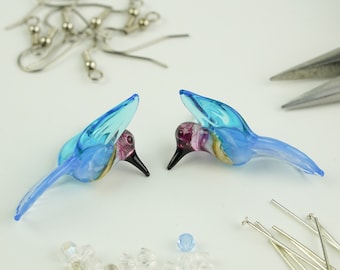 Bird Beads Hummingbird Lampwork Beads Glass Beads Ocean Blue and Aqua Blue Hummingbirds Bird Beads Lampwork Handmade Glass Beads