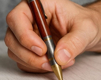 Handmade Damascus Steel Ballpoint Pen: Rosewood & Brass Inlay, Personalized