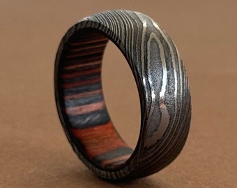 Damascus Steel Whiskey Barrel Dome Ring Engagement Ring Wedding Ring Wood Wedding Band Promise Ring Wood Inlay Damascus Steel Ring Him Her