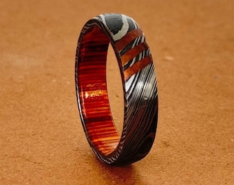 Damascus Steel Whiskey Barrel Dome Ring Engagement Ring Wedding Ring Wood Wedding Band Promise Ring Wood Inlay Damascus Steel Ring Him Her