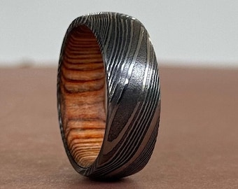 Damascus Steel Whiskey Barrel Dome Ring Engagement Ring Wedding Ring Wood Wedding Band Promise Ring Wood Inlay Damascus Steel Ring Him Her