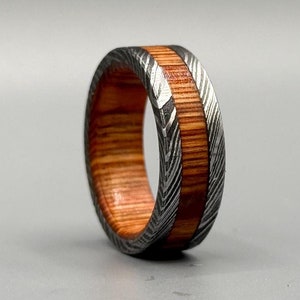 Handmade Damascus Steel Ring: Whiskey Barrel Wood Inlay Wedding Band