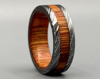 Damascus Steel Whiskey Barrel Ring Engagement Wedding Ring Wood Wedding Band Promise Ring Wood Inlay Damascus Steel Ring Valentines Gift Him