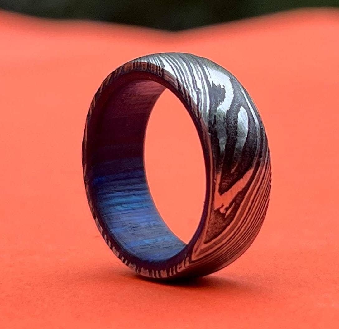 Damascus Steel Whiskey Barrel Dome Ring Engagement Ring Wedding Ring Wood Wedding Band Promise Ring Wood Inlay Damascus Steel Ring Him Her