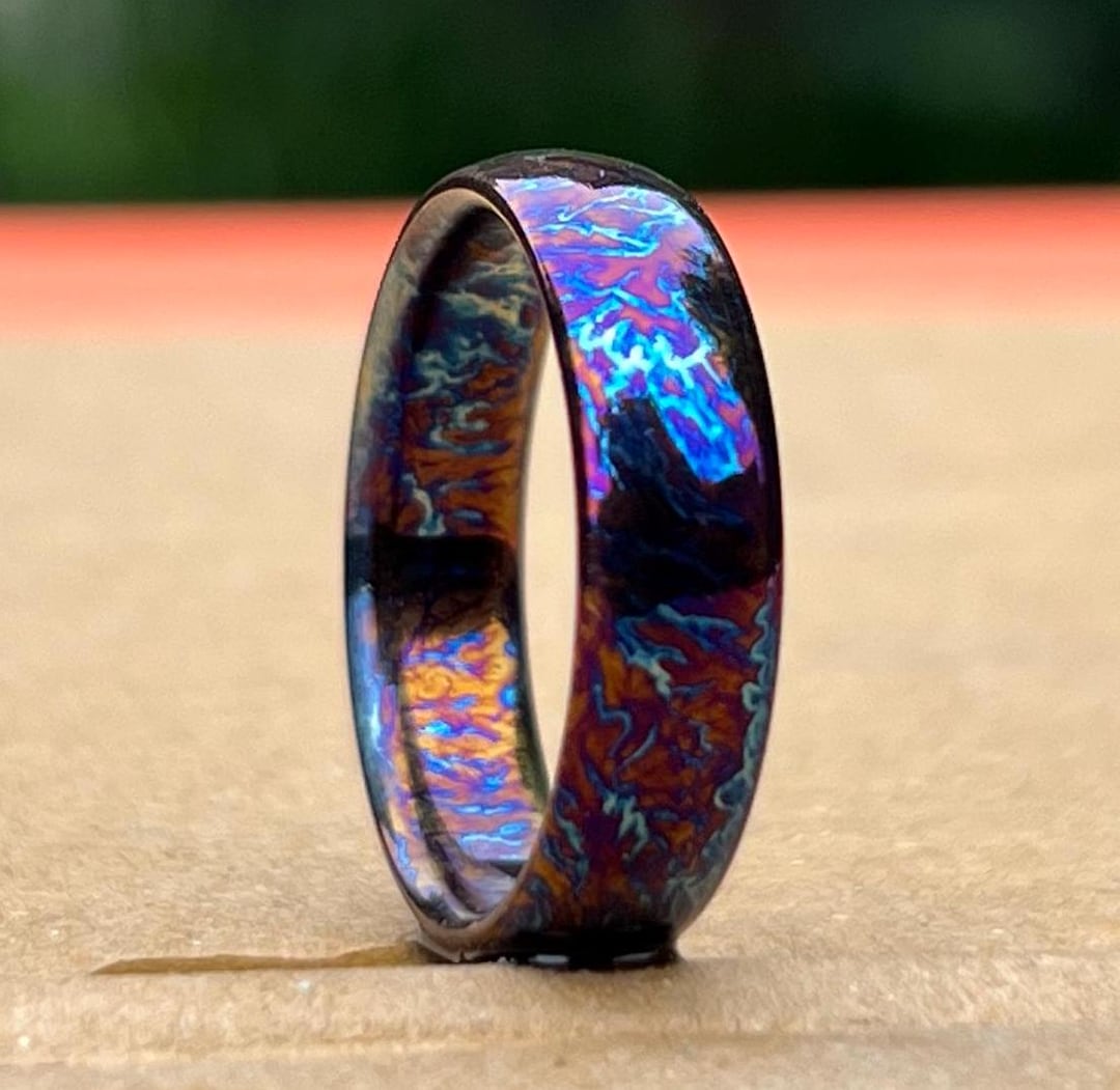 Unique Colorful Titanium Ring for Men – Heat Anodized Dome Wedding Band ...