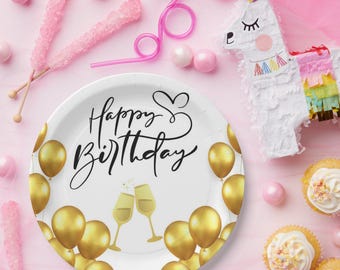 Gold Balloon Birthday Paper Plates - Personalized Party Decor