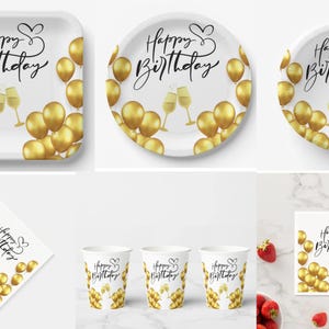Gold Balloon Birthday Party Tableware Set: Personalized Disposable Plates & Napkins