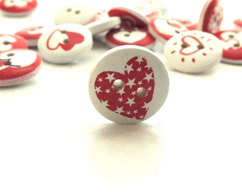 Round Wood Heart Buttons/ Sewing Scrapbook  Embellishment Wooden Heart Red White Two Hole Sew Through Valentines