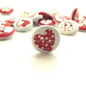 Round Wood Heart Buttons/ Sewing Scrapbook  Embellishment Wooden Heart Red White Two Hole Sew Through Valentines