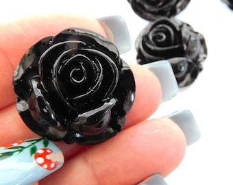 Black Rosette Flat Back Embellishments / Goth Rose Flower Resin Cabochons- Set of FOUR