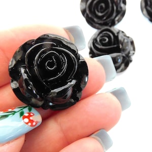 Black Rosette Flat Back Embellishments / Goth Rose Flower Resin Cabochons- Set of FOUR