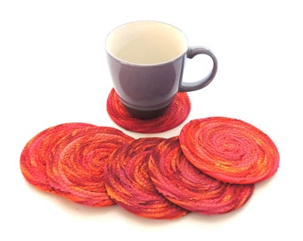 Pink and Red Striped Coaster Set / Coiled Home Decor Set of Six