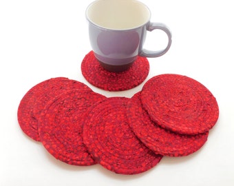 Red Dot on Red Coasters / Coiled Fabric Coasters- Set of SIX