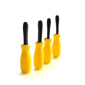 May include: Four yellow and black screwdrivers lined up in a row on a white background.